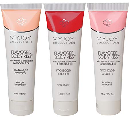 Flavored Body Kiss Edible Massage Cream for Sensual Massage, Strawberry Smoothie, White Cherry and Orange Creamsicle with Nourishing Coconut Oil, Shea Butter PH Balanced.Boxed for Gifting