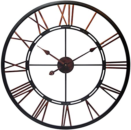 Infinity Instruments Fusion 28-Inch Oversized Decorative Roman Numerals Quartz Movement Large Metal Wall Clock for Living, Kitchen, Dining Room, Bedroom, 30 Inch, Black, Bronze, Copper