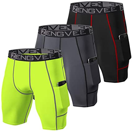 ZENGVEE Compression Shorts Men 3 Pack with Pocket Running Short Mens Gym,Workout,Cycling,Yoga,Climbing,Swimming,