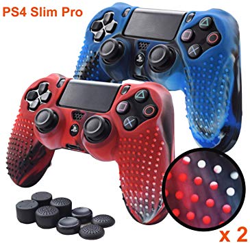PS4 Controller Skin,Pandaren Studded Anti-Slip Silicone PS4 Controller Cover for PS4 /Slim/PRO Controller(Controller Skin x 2   FPS PRO Thumb Grips x 8)