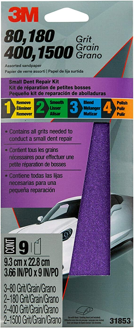 3M Small Dent Repair Sanding Kit, 31853, Assorted Grits (3 of 80, 2 of 180, 2 of 400, 2 of 1500), 3 2/3 in x 9 in, 9 Sheets Total