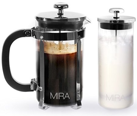 MIRA French Press Coffee Maker - 34 oz 1 liter strong borosilicate glass with bonus Milk Frother