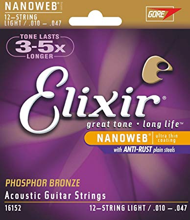 Elixir Strings Phosphor Bronze 12-String Acoustic Guitar Strings w NANOWEB Coating, Light (.010-.047)