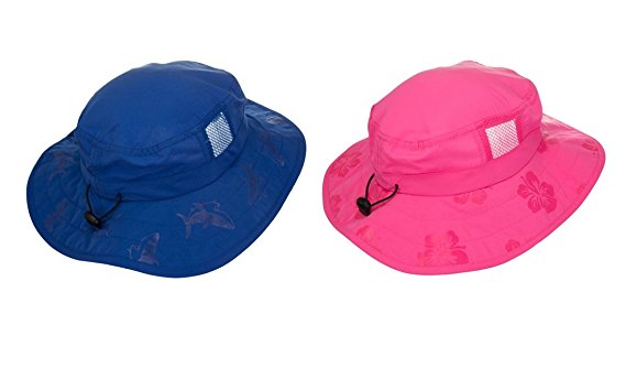 Kids' UPF 50  Safari Sun Hat, Pink And Blue Flowers, Uv Sun Protective, Lightweight, Velcro Straps Selection
