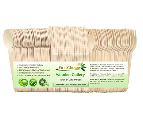 FDA Approved Disposable Wooden Cutlery Sets - 250 Piece Total: 100 Forks, 100 Spoons, 50 Knives, 6" Length Eco Friendly Biodegradable Compostable Wooden Utensils Wooden Cutlery By First Choice …