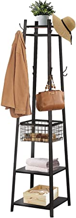 VECELO Coat Rack Freestanding,Hall Tree with Metal Basket and Storage Shelves,Industrial Coat Rack Stand with 8 Hooks for Hanging Coats/Hats/Bags/Umbrellas,18 x 18 x 72 In,Matte Black