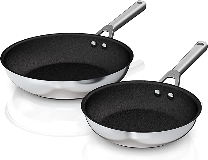 Ninja C62000 Foodi NeverStick Stainless 8-Inch and 10 1/4-Inch Fry Pan Set, stainless nonstick, durable, oven safe to 500°F, Stainless Steel