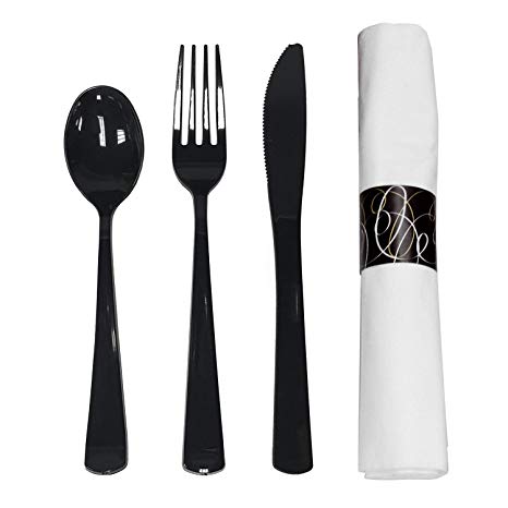Party Essentials Pre-Rolled Disposable Extra Heavy Duty Plastic Cutlery Kit with Black Fork/Knife/Spoon and 3-Ply White Napkin (Case of 100 Rolls)