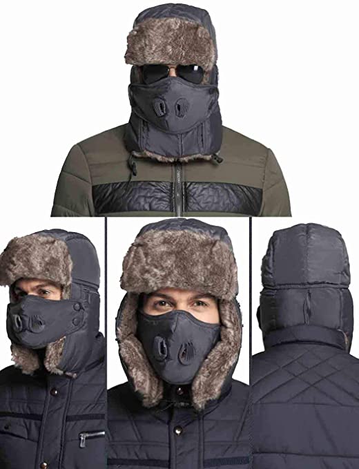 Babymeo Winter Trapper Fur Hat, Trooper Hats with Face Cover Men Women - Waterproof Unisex Ushanka Russian Hats, Windproof Bomber Cap