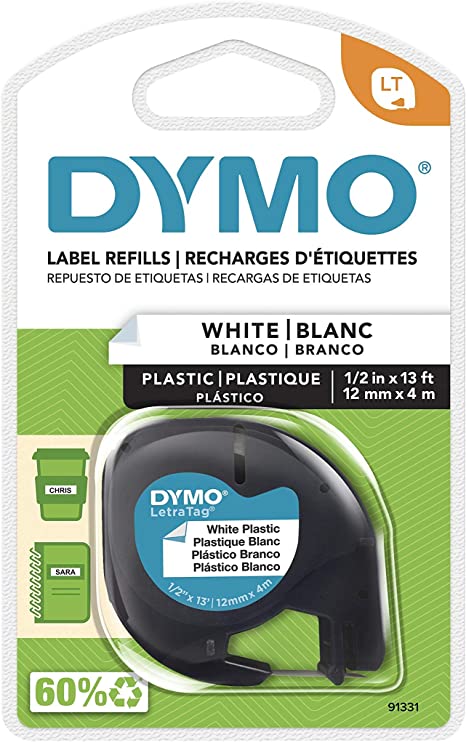 DYMO - SAN91331 91331 LetraTag Labeling Tape for LetraTag Label Makers, Black Print on White Plastic Tape, 1/2'' W x 13' L, 1 Roll