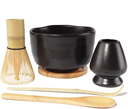 BambooMN Matcha Whisk Starter Set - Chawan Matcha Bowl, Tea Whisk, Chashaku, Spoon, Matcha Holder, and Bamboo Coaster for Traditional Japanese Tea Ceremony