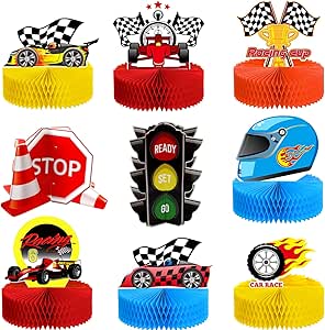 Zonon 9 Piece Race Car Party Decorations Race Car Honeycomb Centerpiece Let's Go Racing Theme Party Cake Ball Table Topper 3D Race Car Paper Centerpiece for Birthday Party Baby Shower Supplies