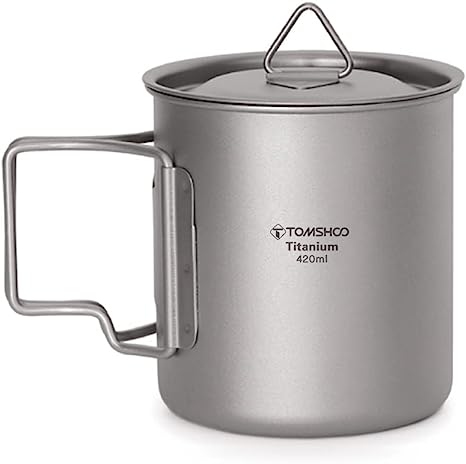 TOMSHOO Camping Titanium Pot Outdoor Titanium Mug with Lid Camping Coffee Cup with Foldable Handle for Camping Hiking Travelling Backpacking Camping Open Fire