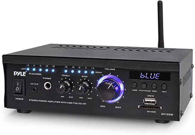 Pyle Bluetooth Computer Speaker Amplifier - 2x120 Watt Home Stereo Power Amplifier Home Audio Receiver System W/Blue Led Display, USB/SD, AUX, RCA, Headphone Jack - Remote - PCAU46BA.5