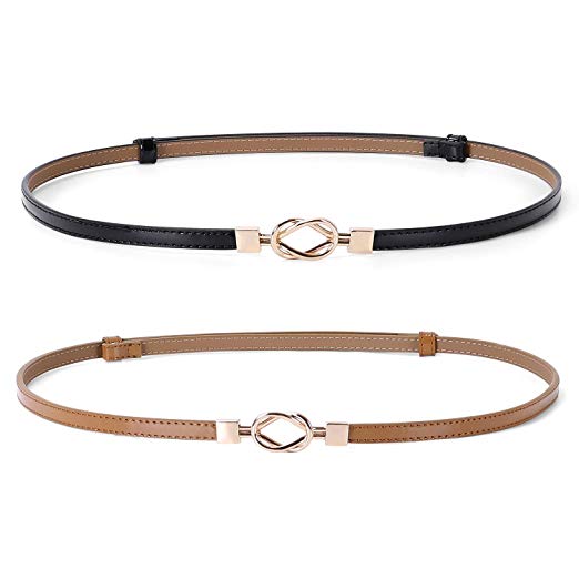 Leather Skinny Women Belt Thin Waist Belts for Dresses Up to 37" with Interlocking Buckle 2 Pack