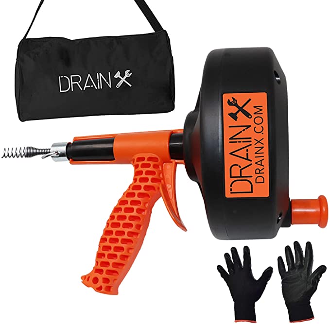 DrainX 25 FT Heavy Duty Ergonomic Load Support Drain Auger - Extra Grip Support Handle - Unclogs Household Drains, Pipes, Gutters