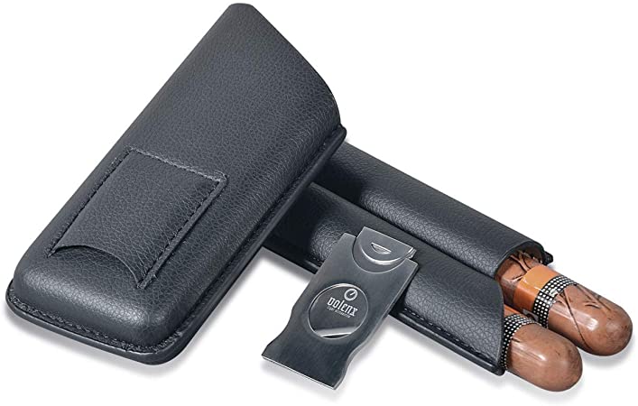 Volenx Cigar Case, 2-Finger Black Leather Travel Cigar Holder with Cutter