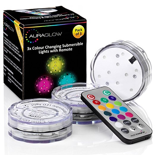 AURAGLOW Remote Control Colour Changing Submersible Underwater Aquarium Pond Puck Lights - 3 Pack