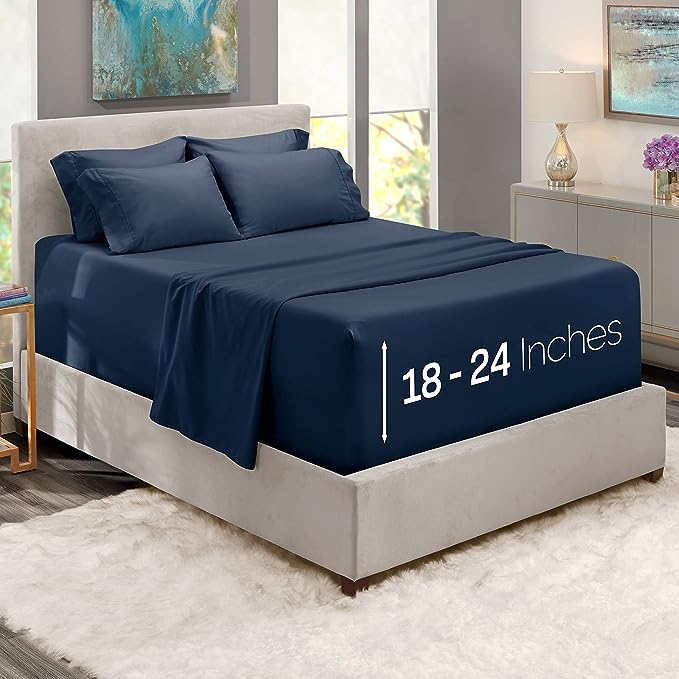 Extra Deep Pocket Bed Sheets - 6 Piece Deep Pocket Full Size Sheets Navy - Deep Bed Sheets - Deep Fitted Sheet Set Super Deep Sheets fits 18 Inch to 24 Inches Mattress - Super Deep Full Size Sheets