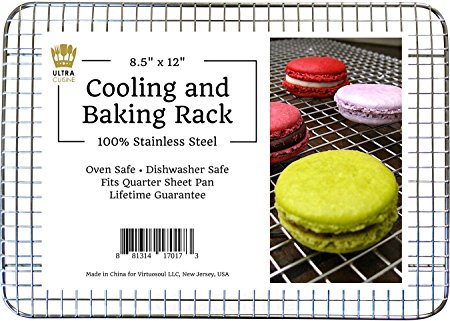100% Stainless Steel Wire Cooling Rack fits Quarter Sheet Size Baking Pan, Heavy Duty, Commercial Quality, Oven-Safe (8.5" x 12")