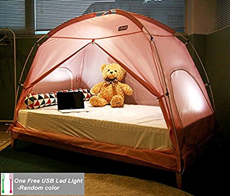 TQUAD Floorless Indoor Privacy Tent on Bed for Insulation Warm Sleep in Drafty Room Saves on Heating bills(a free LED light included) (Medium, Pink)