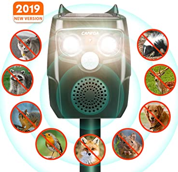 CAMTOA Cat Repellent, Ultrasonic Solar Battery Powered Animal Repeller, 4-in-1 Intelligent Automatic Repeller, IP67 Waterproof Pet Deterrent with Motion Sensor and Flashing Light - USB Rechargeable