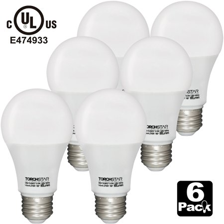 TORCHSTAR UL-listed A19 LED Light Bulb, 60W Incandescent Equivalent, E26/E27 Base 800lm 2700K Soft White, Pack of 6