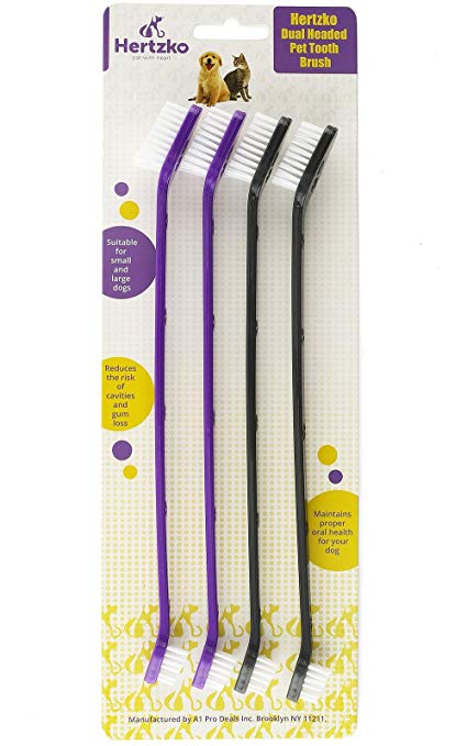 Hertzko 4 Pack Dual Headed Tooth Brush by Soft Bristles & Long Handles for Those Hard To Reach Places - Suitable For Small and Large Dogs and Cats