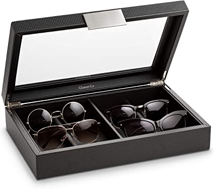 Glenor Co Sunglasses Organizer Case - 8 Slot Storage Holder to display Sunglass / Eye Glasses - Modern Box with Clear Glass Top and Metal Buckle for Men and Women - Carbon Fiber Leather Design - Black