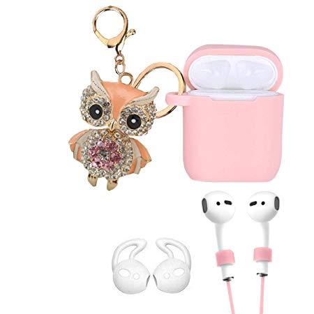 Airpods Case, LitoDream Compatible with Owl Shape Keychain for Apple Airpod Silicone Cute Case Cover (Pink Case   Peach Owl)