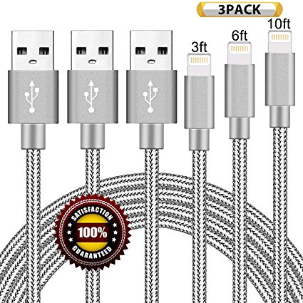 BULESK Lightning Cable 3Pack 3FT 6FT 10FT Nylon Braided Certified Lightning to USB iPhone Charger Cord for iPhone X 8 7 Plus 6S 6 SE 5S 5C 5, iPad 2 3 4 Mini Air Pro, iPod Nano 7 Gray