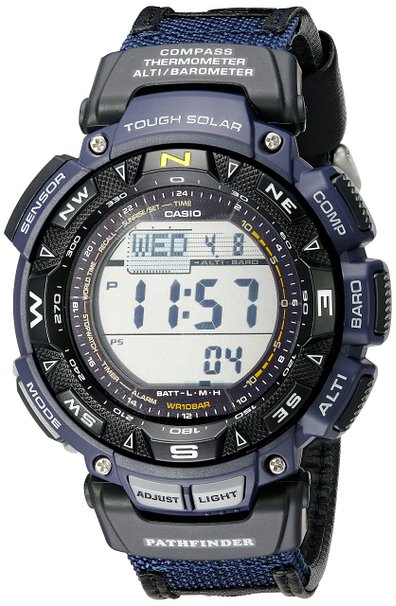 Casio Men's PAG240B-2CR "Pathfinder" Sport Watch with Black Leather and Blue Cloth Band