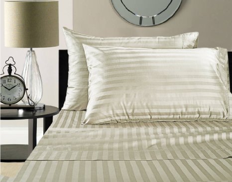 Luxury 100% Egyptian Cotton 500 Thread Count Damask Stripe Sheet Set (Queen, Ivory)
