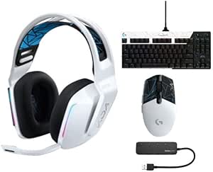 Logitech G733 Lightspeed Wireless RGB Gaming Headset (KDA) with Gaming Keyboard (K/DA White Edition), Lightspeed Wireless Gaming Mouse (KDA) and 4-Port USB 3.0 Hub Bundle (4 Items)