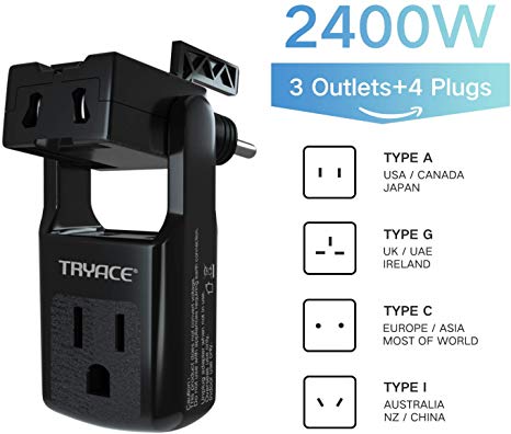 TRYACE 2019 Upgraded Travel Adapter,Worldwide All in One Universal Travel Adaptor Wall AC Power Plug Adapter Wall Charger with 3 Outlets&4 Plugs
