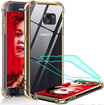 LeYi Compatible with Galaxy S7 Case, Samsung Galaxy S7 Case with 2 Pack Glass Screen Protector, Shockproof Crystal Clear Hard PC Bumper Transparent Slim Phone Cover Cases for Samsung S7 Rose Gold