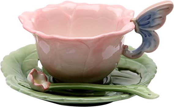 Cosmos Gifts Ceramic Rose Cup and Saucer, Set of 2