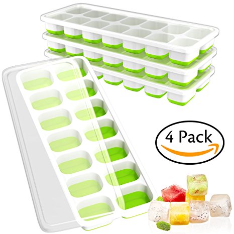 Ouddy 4 Pack Ice Cube Trays with Lid, Easy-Release Ice Cube Molds, 14-Silicone Ice Trays can Make 56 Ice Cubes, BPA Free Nontoxic and Safe, Stackable Durable and Dishwasher Safe( Green )