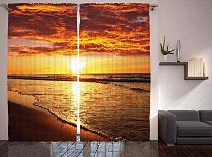 Ambesonne Hawaiian Decor Curtains, Scenery Picture Print of Beach Sunset Ocean Waves, Window Drapes 2 Panel Set for Living Room Bedroom, 108 W X 90 L Inches