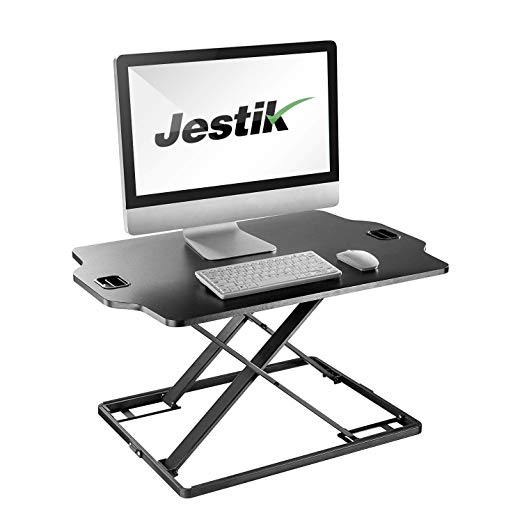Jestik Ultra Slim Height Adjustable Sit to Stand Workstation, Tabletop, Laptop Riser 32” Wide Desktop fits Laptops and Monitors (JM-DWS08-02)