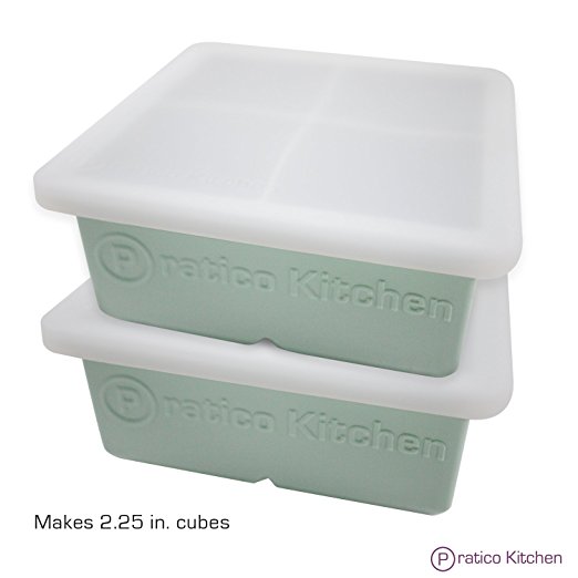 Praticube Large Ice Cube Mold - 4 Large 2.25 Inch Ice Cubes - Prevent Diluting Your Scotch, Whiskey, & Cocktails - 2 Pack with Lids