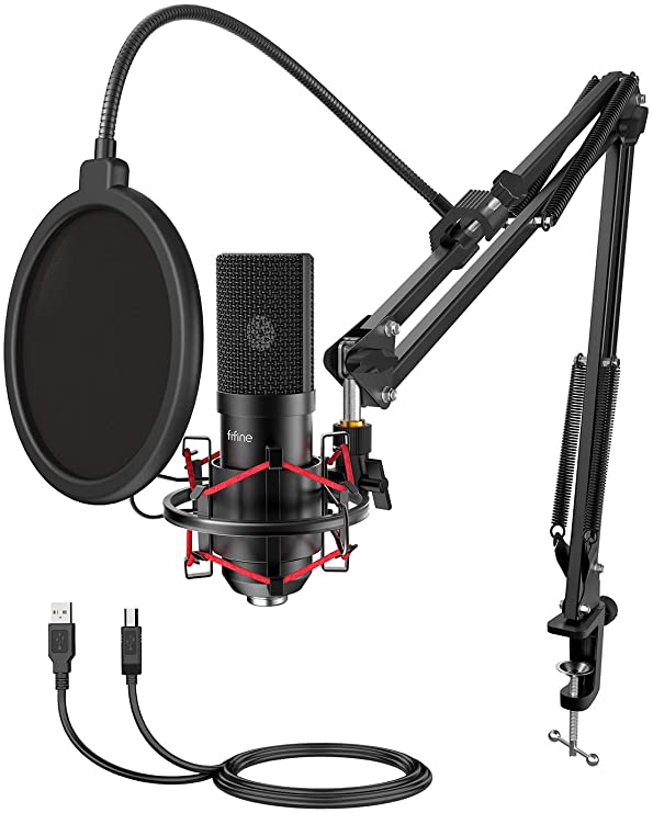 FIFINE USB Gaming Microphone Set with Flexible Boom Arm Stand Pop Filter, Plug and Play with PC Desktop Laptop Computer, Streaming Podcast Mic Kit for Home Studio (T732)