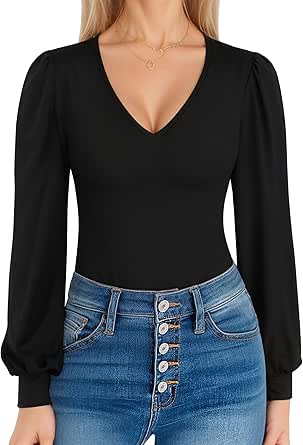 MANGOPOP Womens Bodysuit Long Sleeve V Neck Body Suit for Women Puff Sleeve Ribbed Bodysuits Shirts