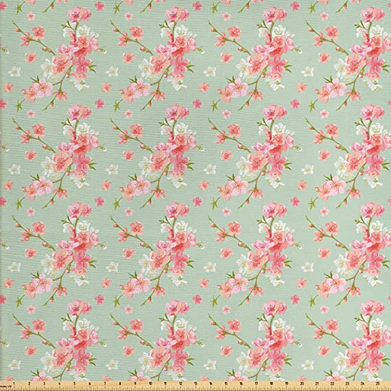 Ambesonne Shabby Flora Fabric by The Yard, Retro Spring Blossom Flowers with French Garden Florets Garland Artisan Image, Decorative Fabric for Upholstery and Home Accents, 2 Yards, Mint Pink