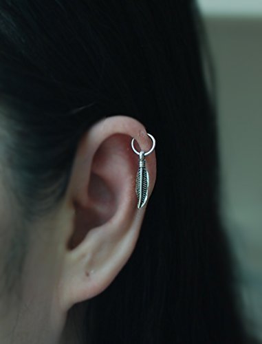 20gauge Sterling silver Cartilage hoop with Feather Charm,Tiny Cartilage Ring,Cartilage earring,Tragus earring,Helix ring,piercing earring, Quantity: 1 single hoop ring