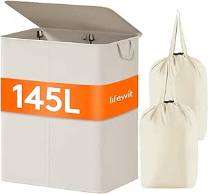 Lifewit Panier a Linge 2 Compartiments 145L, Corbeille a Linge Pliable Grand, Bac a Linge Sale avec 2 Sacs de Linge Amovibles, Panier à Linge pour Buanderie, Chambre, Salle de Bain, Dortoir, Blanc