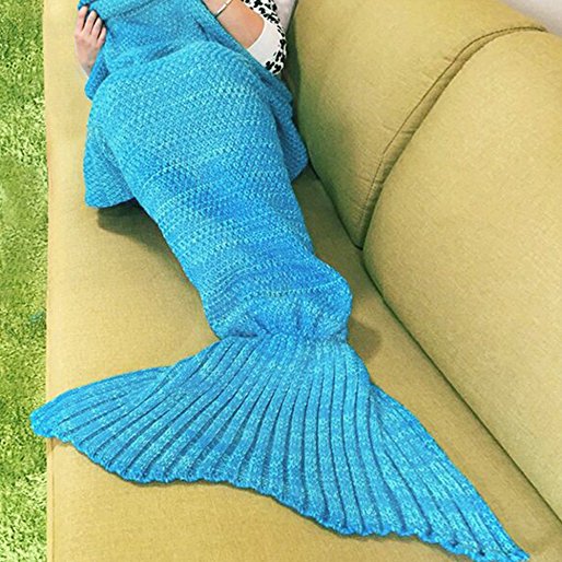 Mermaid Tail Blanket Crochet Mermaid Blanket for Adult and Kids, All Seasons Sleeping Blankets, Warm Soft Living Room Sleeping Bag,Birthday Christmas Gift (Adult, Blue#)