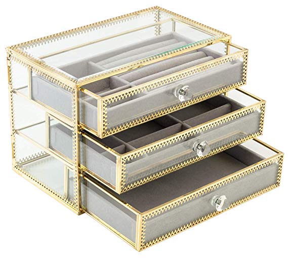 ORIGIA Jewelry Box Decorative Glass Metal Lace Jewelry Organizer Storage Boxes with 3 Drawers Jewelry Display Tray for Earrings Rings Necklaces Bracelets