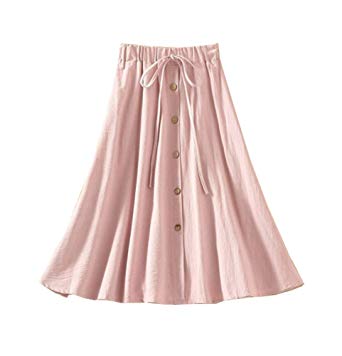 Allonly Women's A-Line High Waisted Button Front Drawstring Pleated Midi Skirt with Elastic Waist Knee Length