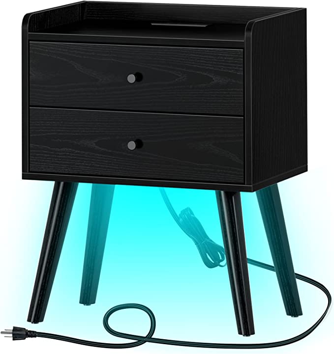 Rolanstar Nightstand with Charging Station and LED Lights, Mid Century Modern End Table with 2 Sliding Drawers for Living Room, Bed Side Table for Bedroom - Black